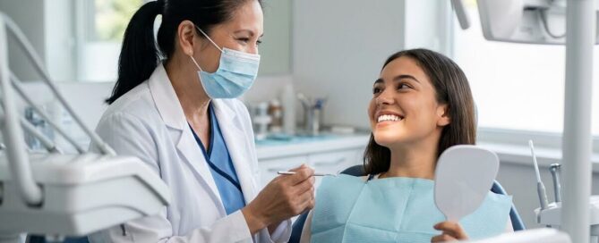 Smiling patient consulting with dentist about porcelain veneers cost in Woodbridge VA