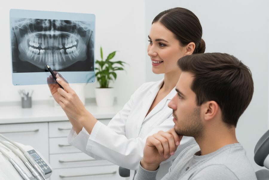 Dentist in Woodbridge VA reviewing wisdom teeth X-ray with patient