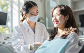 Smiling patient consulting with dentist about porcelain veneers cost in Woodbridge VA