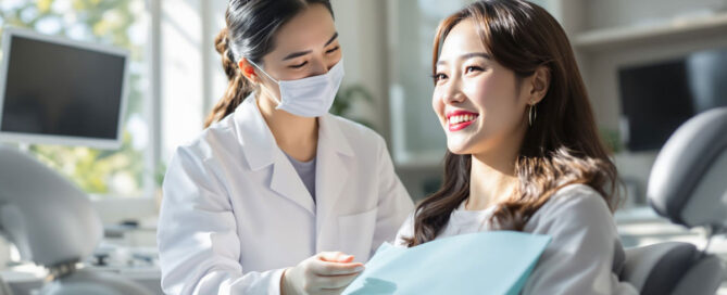 Smiling patient consulting with dentist about porcelain veneers cost in Woodbridge VA