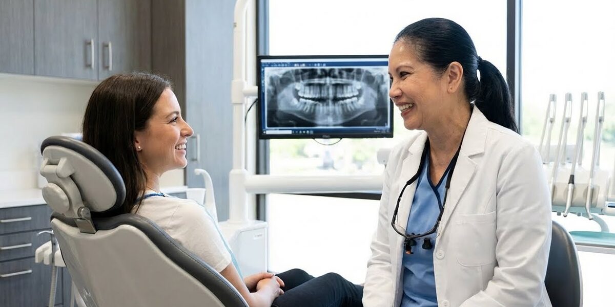 tooth-bonding-process-alexandria-va-dentist Dentist explaining tooth bonding process to patient in Alexandria VA clinic