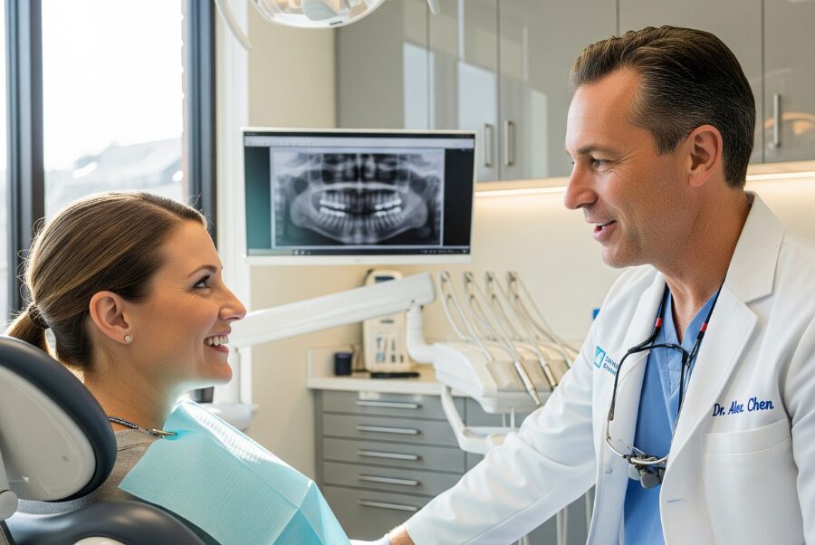 Dentist explaining tooth bonding process to patient in Alexandria VA clinic