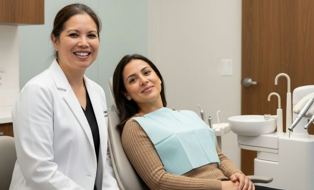 bonding-chipped-teeth-alexandria-va-hero Dentist and patient smile after bonding chipped teeth in Alexandria VA