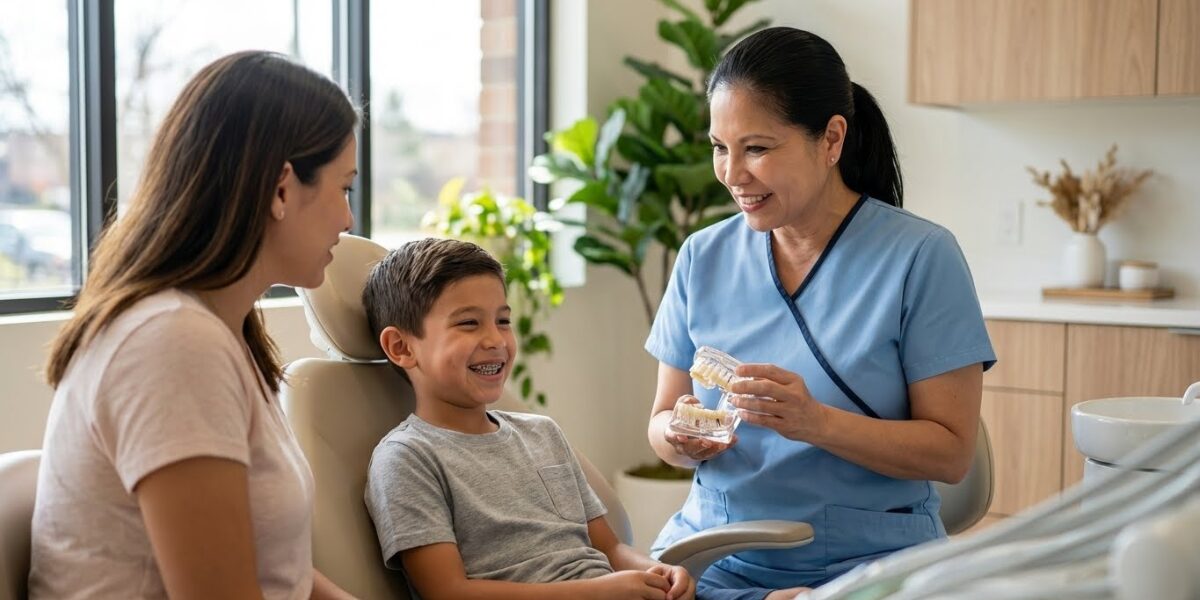 Child with braces at dentist office in Woodbridge VA