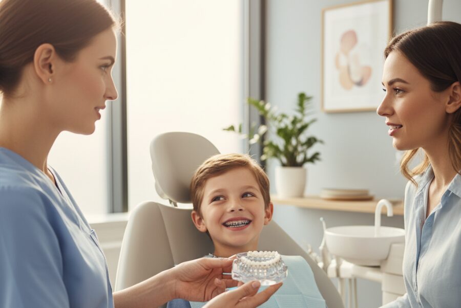 kids-braces-options-woodbridge-va-hero Child with braces at dentist office in Woodbridge VA