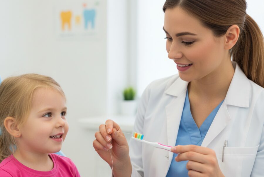 Pediatric dentist teaching child proper dental hygiene in Woodbridge VA