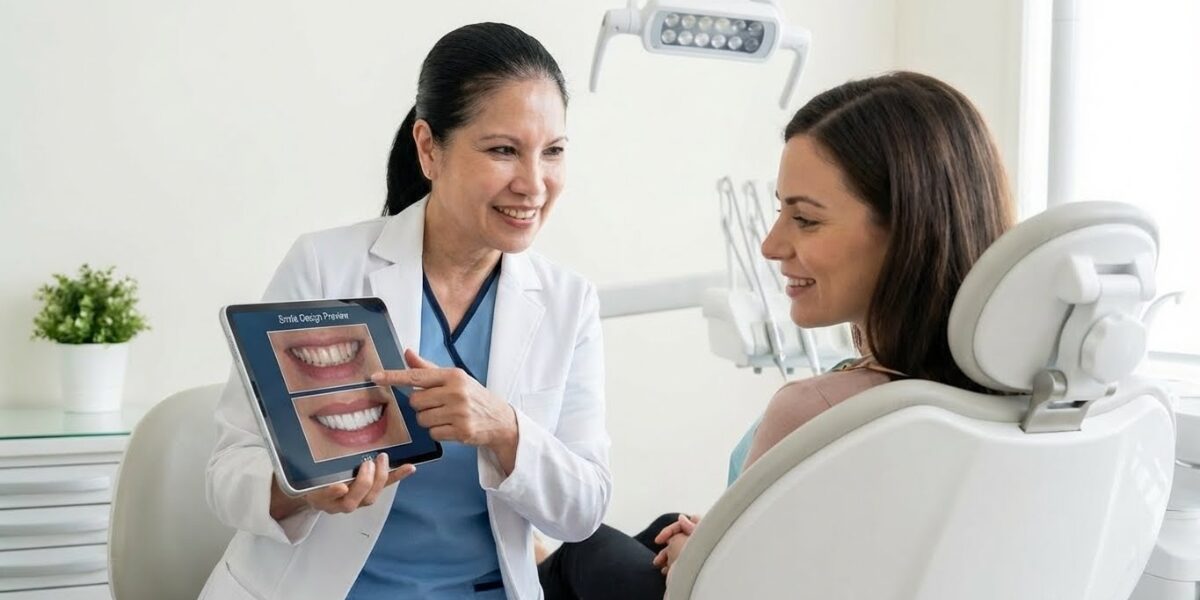 Dentist in Woodbridge VA explaining how location affects porcelain veneers price