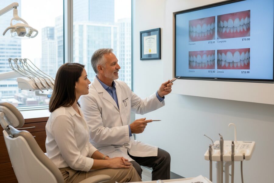 Experienced Woodbridge dentist explaining porcelain veneer treatment options