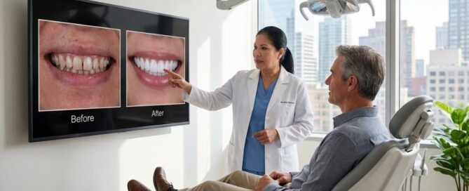 Dentist showing digital smile makeover preview at Woodbridge VA dental clinic
