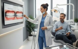 Dentist showing digital smile makeover preview at Woodbridge VA dental clinic