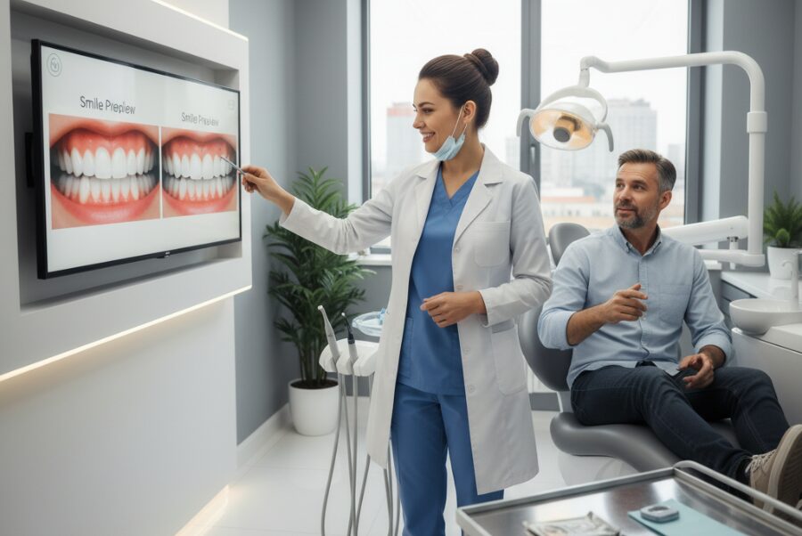 Dentist showing digital smile makeover preview at Woodbridge VA dental clinic