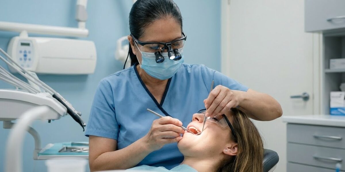 Dentist applying bonding resin to chipped tooth in Alexandria VA