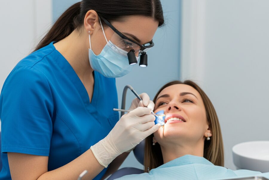 Dentist applying bonding resin to chipped tooth in Alexandria VA