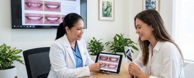 Dentist in Alexandria VA discussing dental bonding vs veneers treatment options