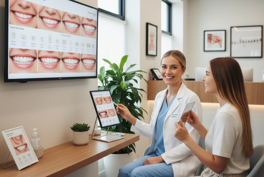 Dentist in Alexandria VA discussing dental bonding vs veneers treatment options