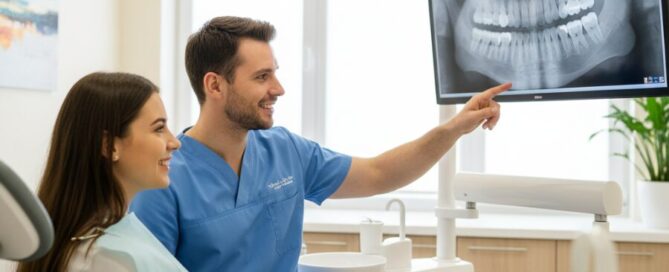 Dentist in Woodbridge VA explaining wisdom teeth X-ray to patient