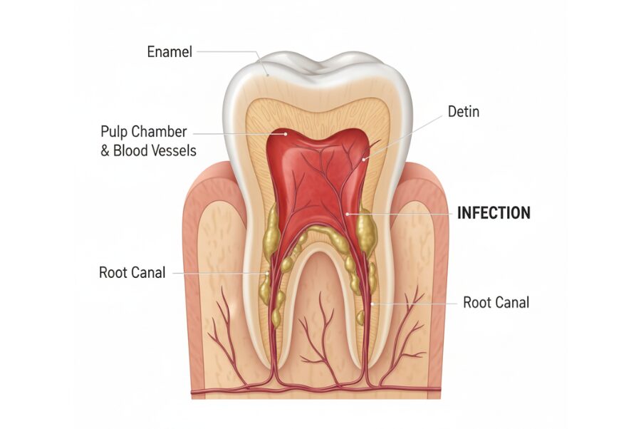 Illustration of infected tooth nerve requiring root canal in Alexandria VA