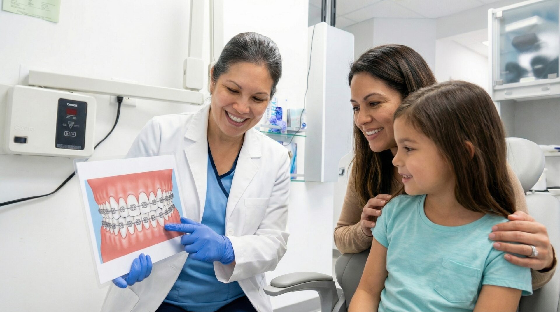 types-of-braces-for-kids-woodbridge-va-orthodontic-consultation Dentist showing braces options to a child and parent during an orthodontic visit in Woodbridge VA.