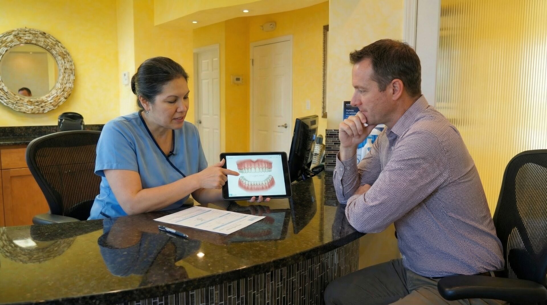 woodbridge-va-dentist-hero-reception Dentist greeting patient at Dental Clinic in Woodbridge VA, smiling and welcoming
