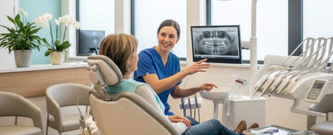 Friendly dentist in Alexandria VA discussing dental filling options in a warm and modern dental office