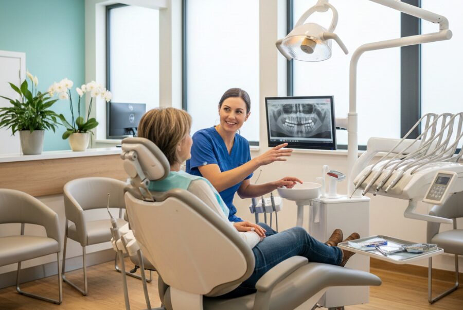 Friendly dentist in Alexandria VA discussing dental filling options in a warm and modern dental office