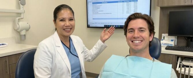 Smiling patient at dentist office in Woodbridge VA learning about porcelain veneers cost breakdown