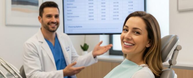 Smiling patient at dentist office in Woodbridge VA learning about porcelain veneers cost breakdown