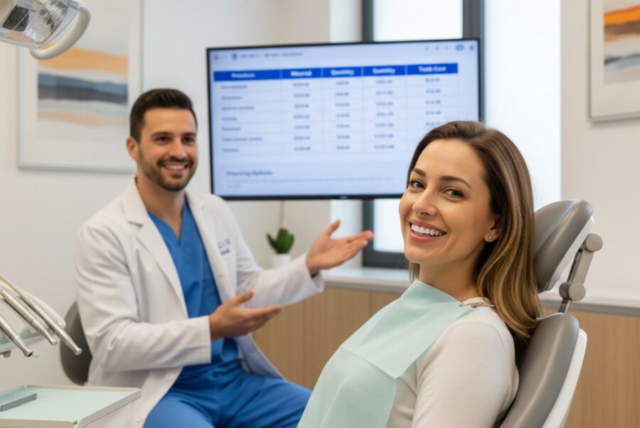 porcelain-veneers-cost-breakdown-woodbridge-va-hero Smiling patient at dentist office in Woodbridge VA learning about porcelain veneers cost breakdown