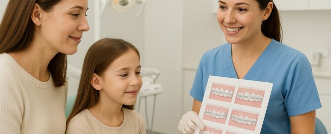 Dentist showing braces options to a child and parent during an orthodontic visit in Woodbridge VA.