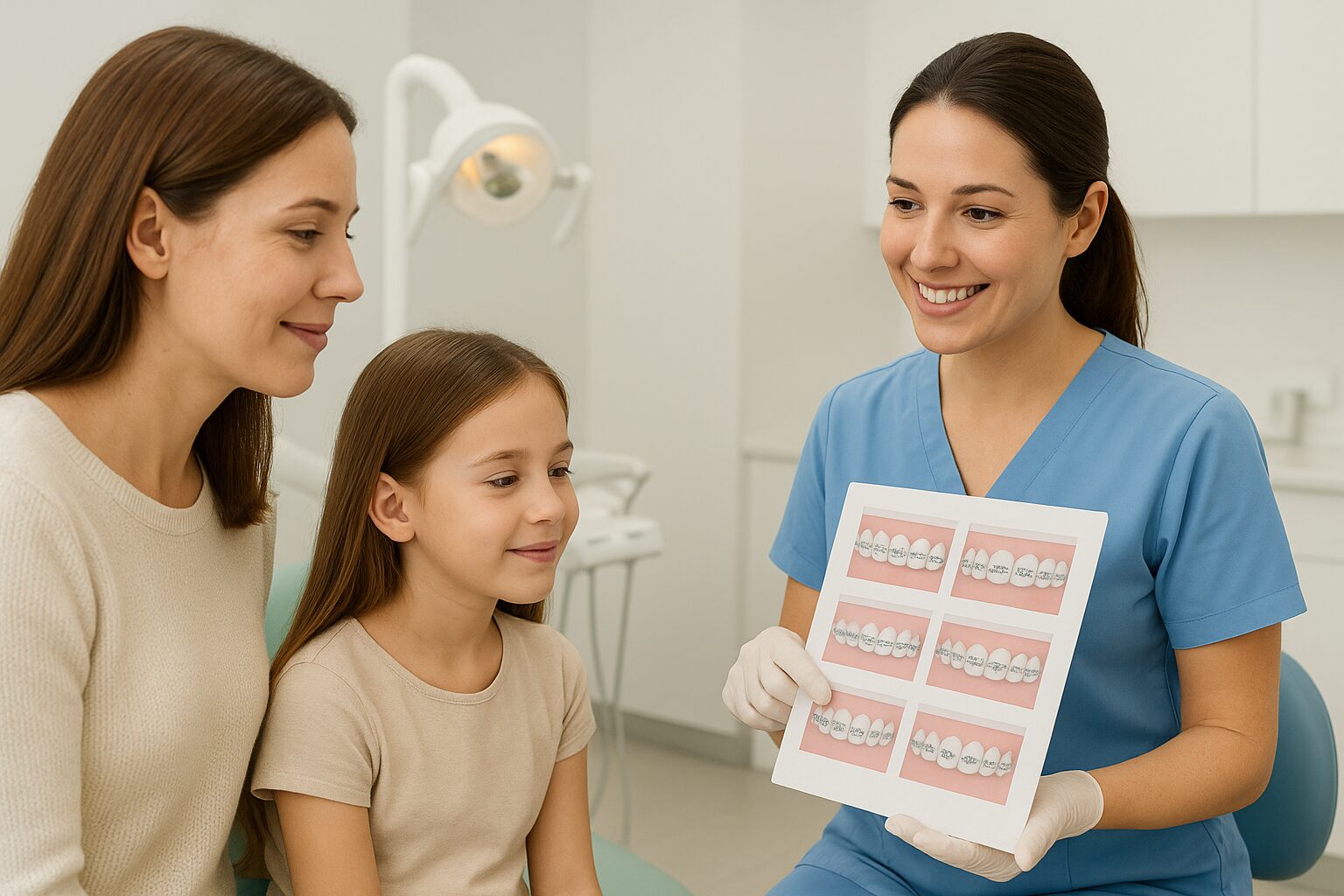 Dentist showing braces options to a child and parent during an orthodontic visit in Woodbridge VA.