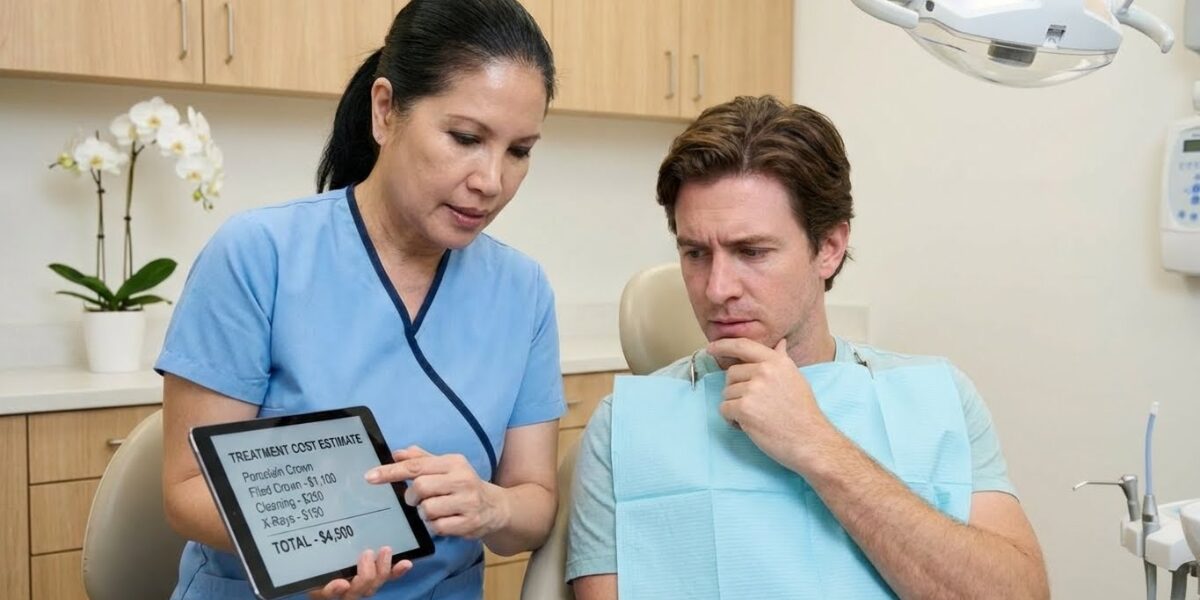 Dentist in Woodbridge VA showing veneers cost estimate on digital tablet