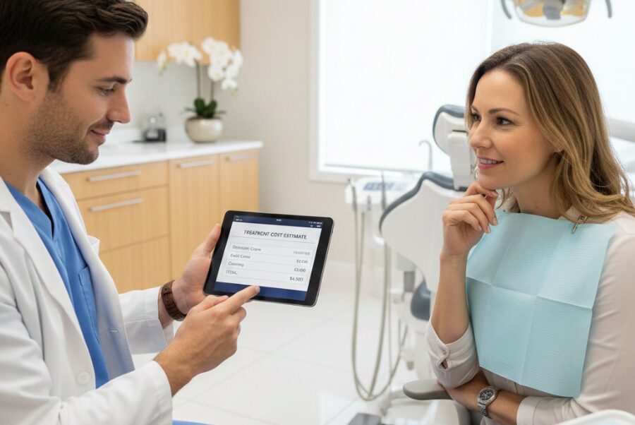 Dentist in Woodbridge VA showing veneers cost estimate on digital tablet