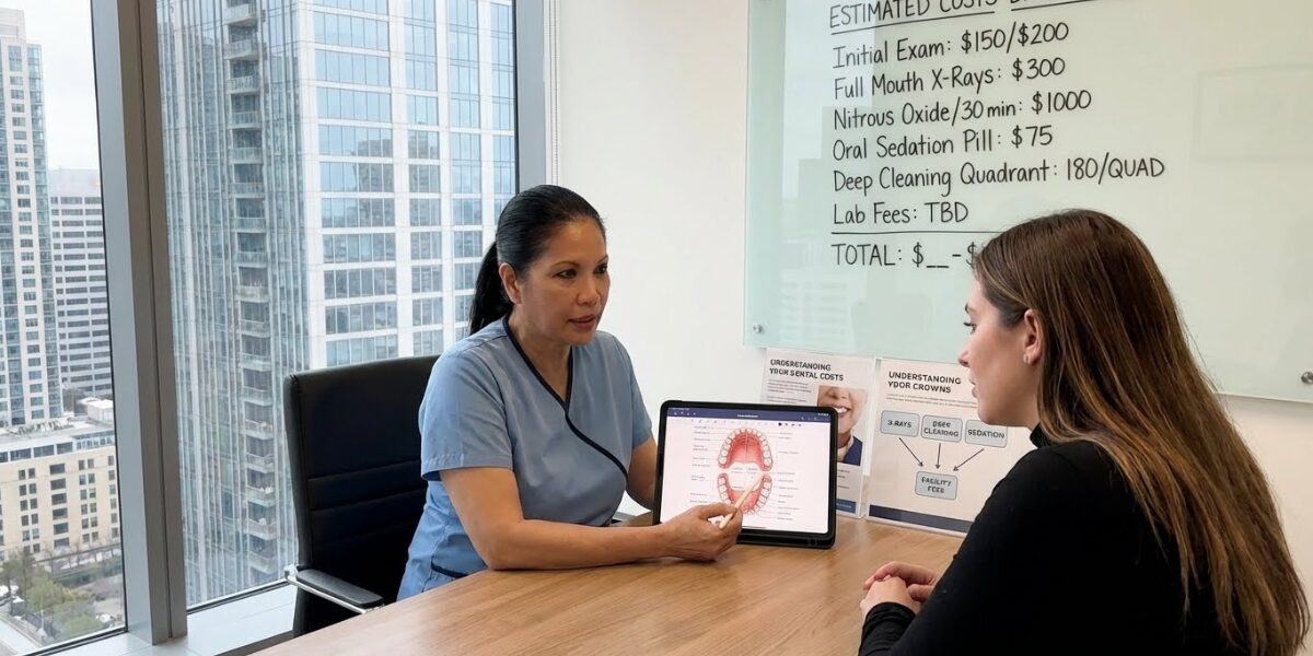 Dentist explaining porcelain veneers extra costs and hidden fees in Woodbridge VA