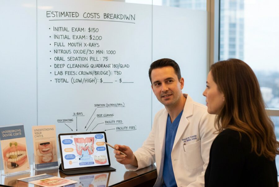 Dentist explaining porcelain veneers extra costs and hidden fees in Woodbridge VA