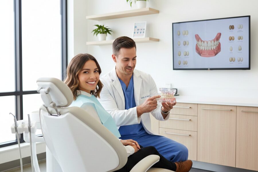 Smiling patient consulting dentist about affordable veneers options in Woodbridge VA