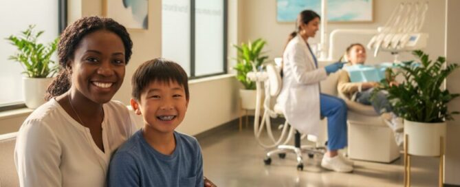 Parent and child smiling at dental office discussing cost of kids braces in Woodbridge VA
