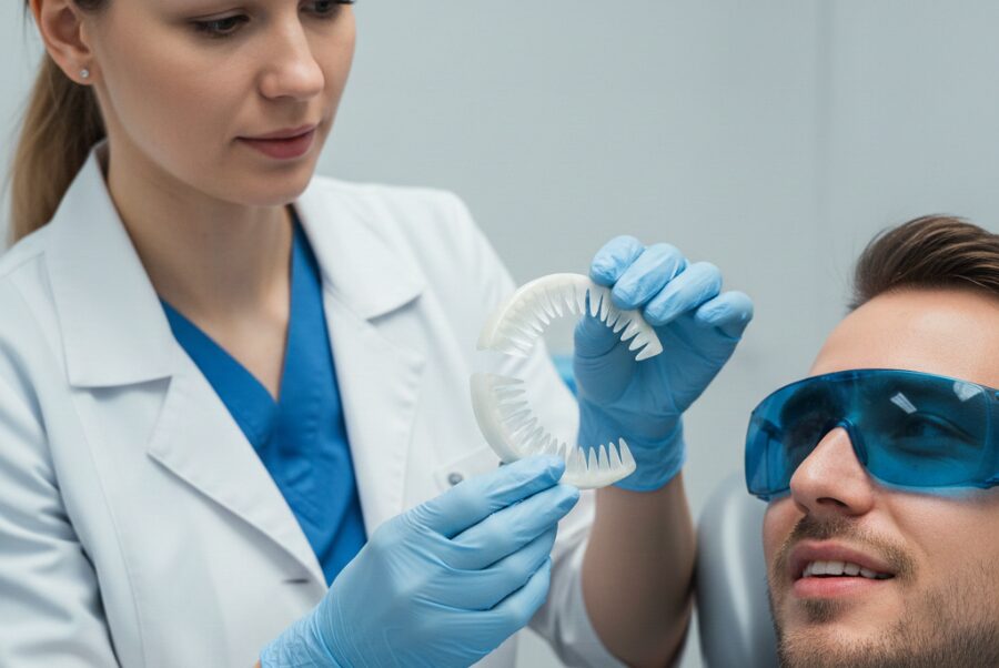 Dentist showing porcelain veneers shells and explaining veneers cost in Woodbridge VA