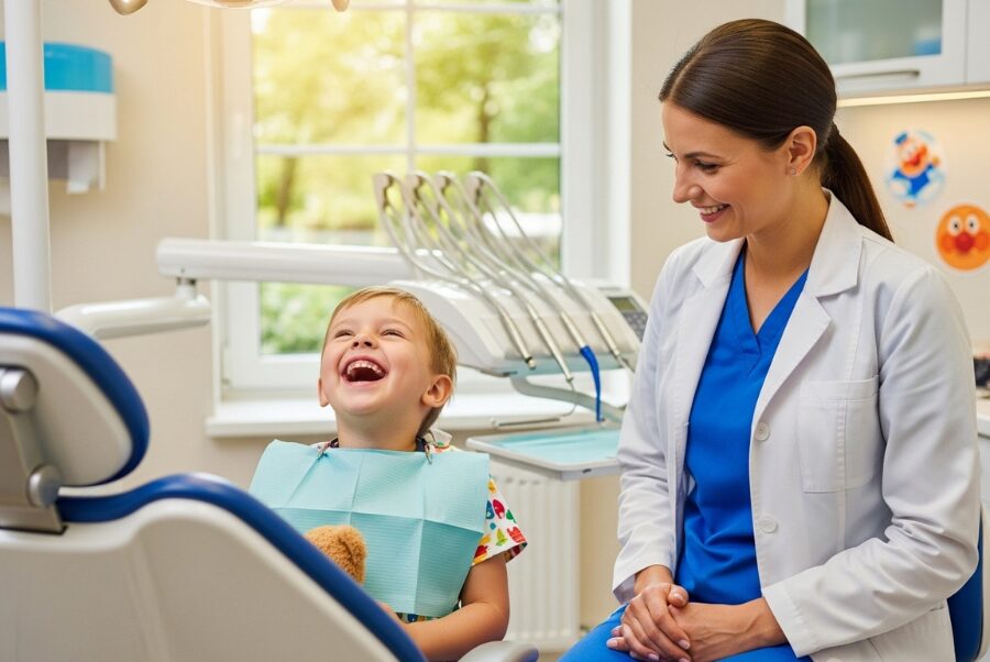 pediatric dentist with child patient and parent in Woodbridge VA dental clinic