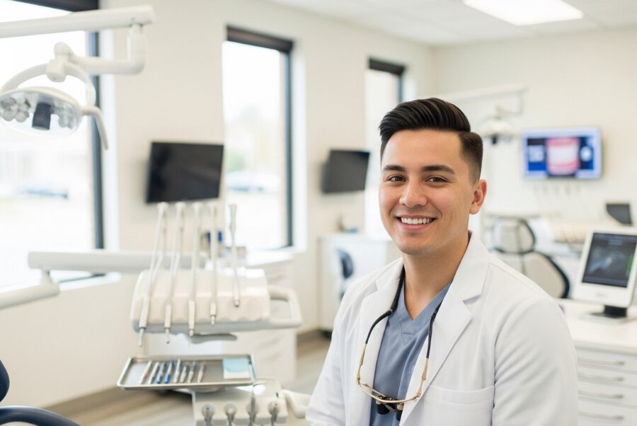 porcelain-veneers-benefits-woodbridge-va-hero Smiling young professional at Woodbridge VA dental clinic showing porcelain veneers