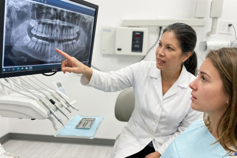 Dentist explaining complications of wisdom tooth removal in Woodbridge VA during dental consultation